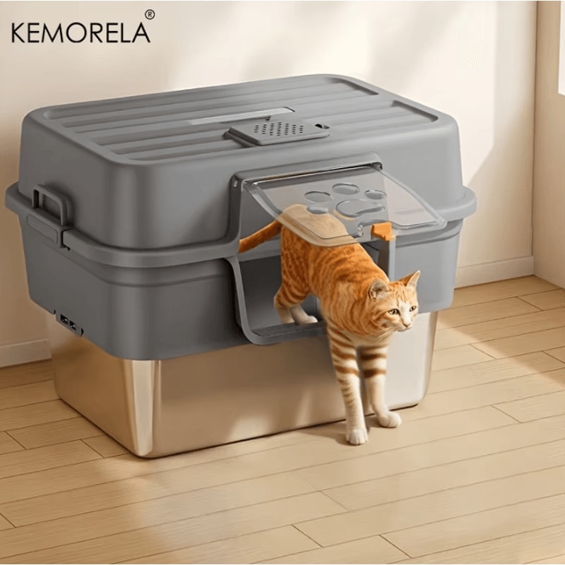XL Enclosed Stainless Steel Cat Litter Box With Odor Control AntiSplash Design 0