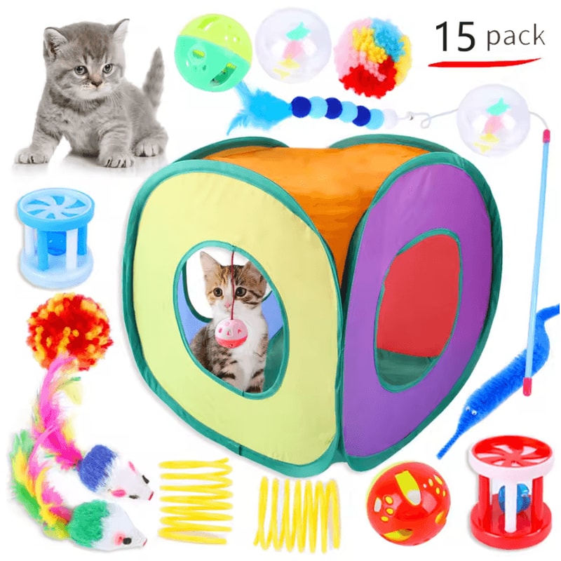 Ultimate Kitten Play Pack Interactive Cat Toy Variety Set With Wand Sisal Mouse Bell Balls 4