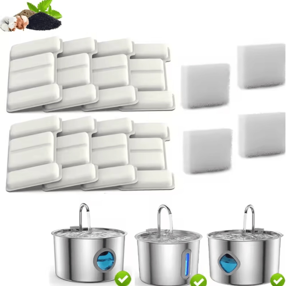 PureFlow Fountain Filter Replacement Set 8 Water Filters 4 Pump Sponges For TY09TY10 Pet Fountain 0
