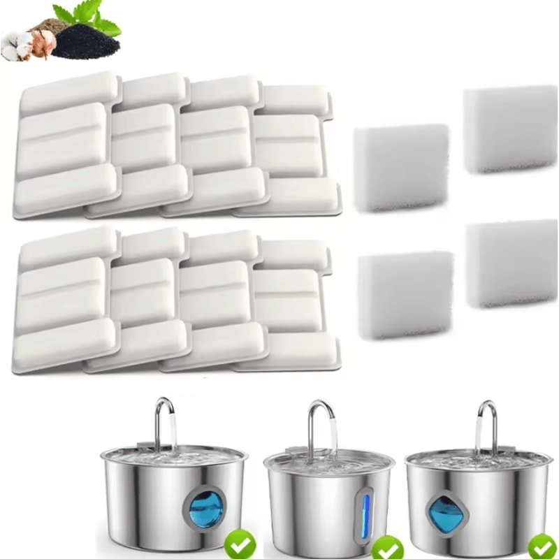 PureFlow Fountain Filter Replacement Set 8 Water Filters 4 Pump Sponges For TY09TY10 Pet Fountain 0