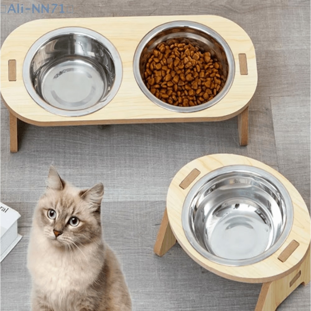 ElevateDine 2in1 Stainless Steel Pet Feeding Bowl Set AntiTip Raised Bowls With Wooden Stand 0