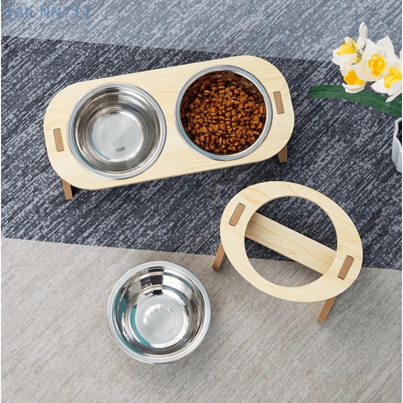 ElevateDine 2in1 Stainless Steel Pet Feeding Bowl Set AntiTip Raised Bowls With Wooden Stand 2