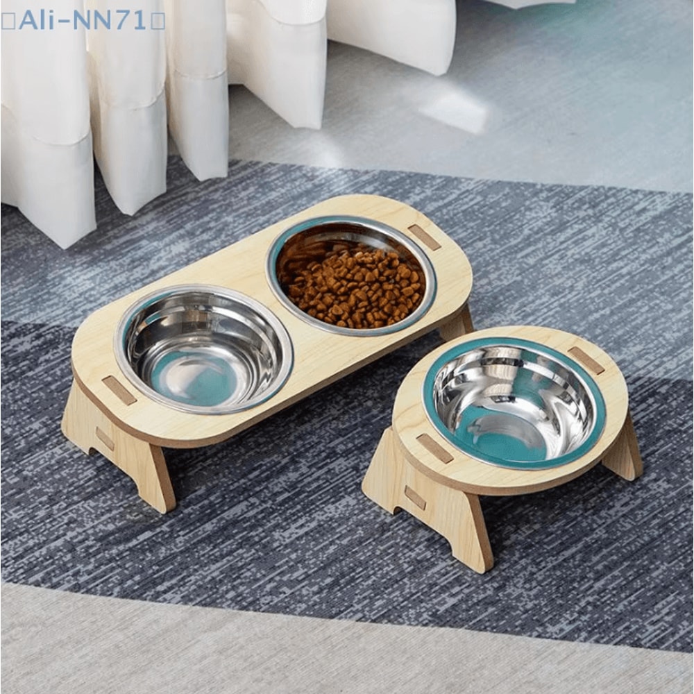 ElevateDine 2in1 Stainless Steel Pet Feeding Bowl Set AntiTip Raised Bowls With Wooden Stand 3