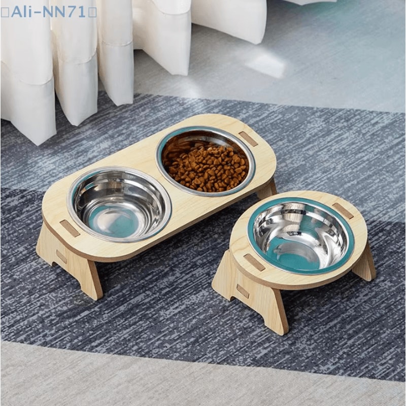 ElevateDine 2in1 Stainless Steel Pet Feeding Bowl Set AntiTip Raised Bowls With Wooden Stand 3