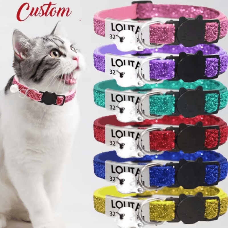 SparkleSafe Personalized Glitter Cat Collar Custom Engraved Breakaway Collar With Bell 0