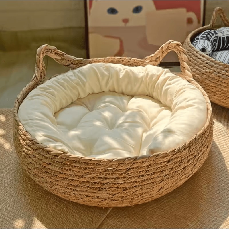 Handwoven Rattan Cat Basket Bed With Soft Cushion 0