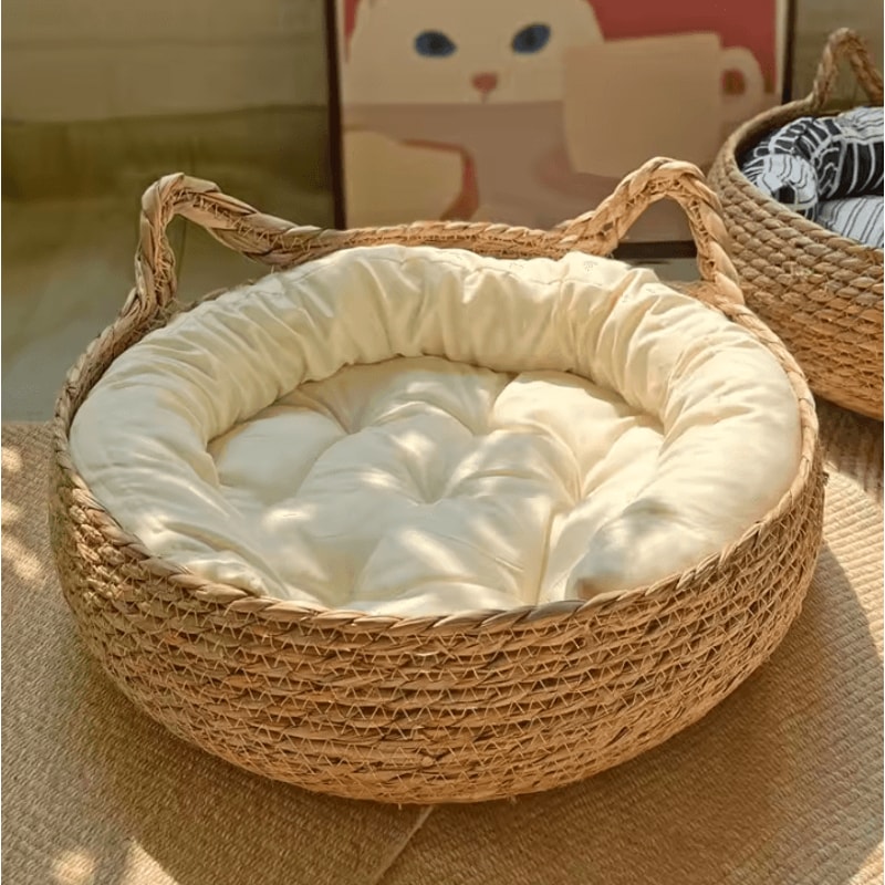 Handwoven Rattan Cat Basket Bed With Soft Cushion 4