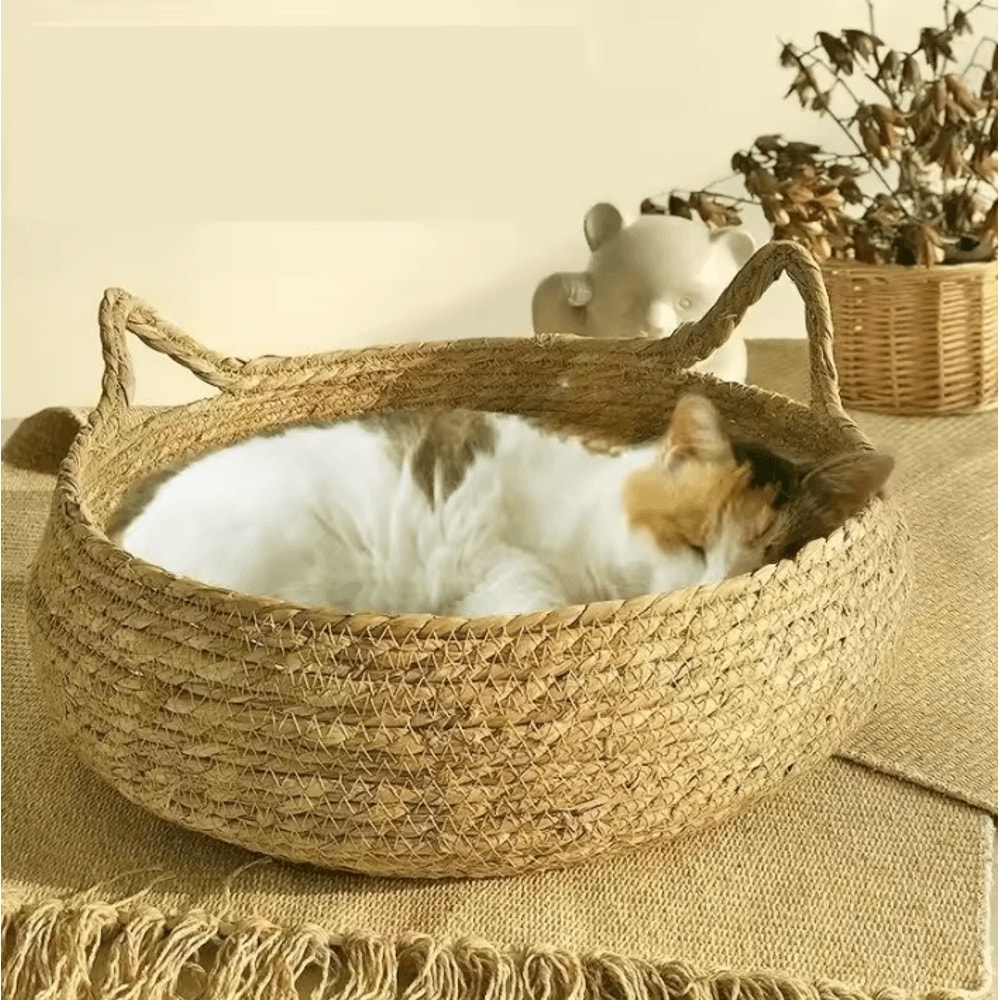 Handwoven Rattan Cat Nest Bed With Removable Cushion 0