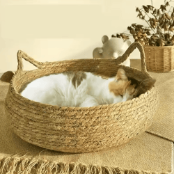 handwoven rattan cat nest bed with removable cushion