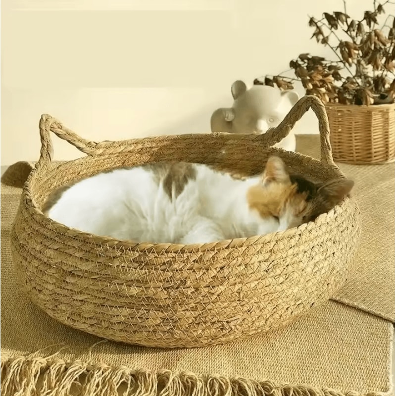 Handwoven Rattan Cat Nest Bed With Removable Cushion 0