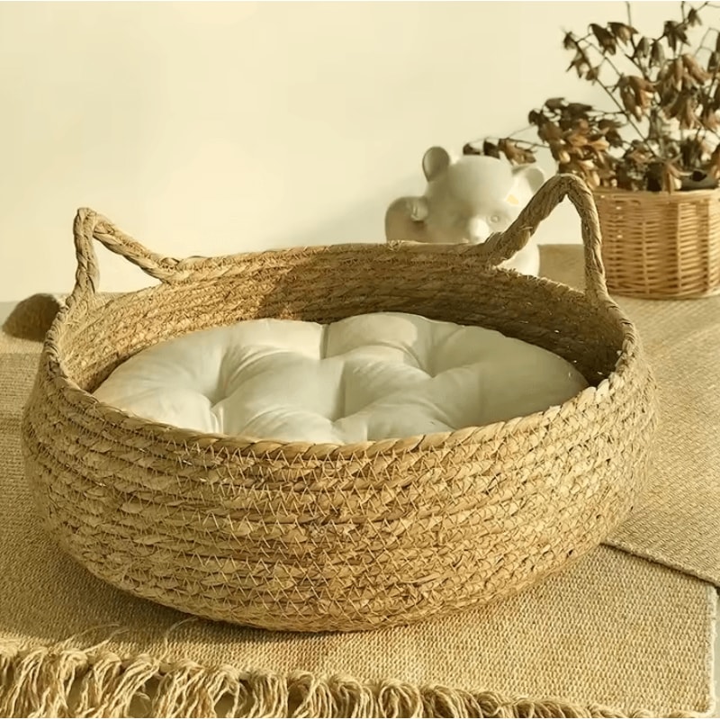 Handwoven Rattan Cat Nest Bed With Removable Cushion 1