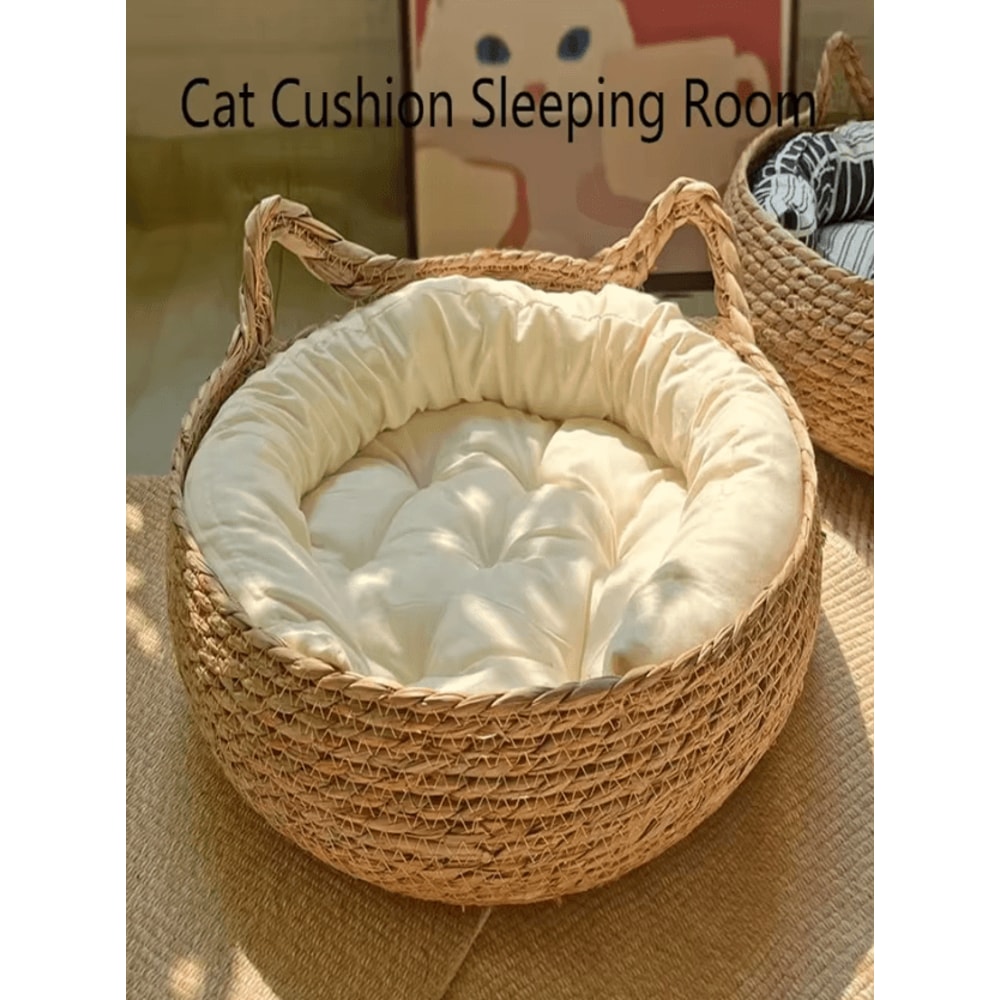 Handwoven Rattan Cat Nest Bed With Removable Cushion 2