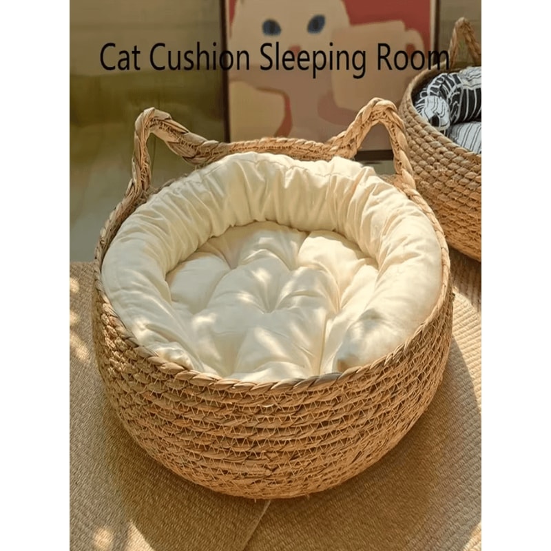Handwoven Rattan Cat Nest Bed With Removable Cushion 2