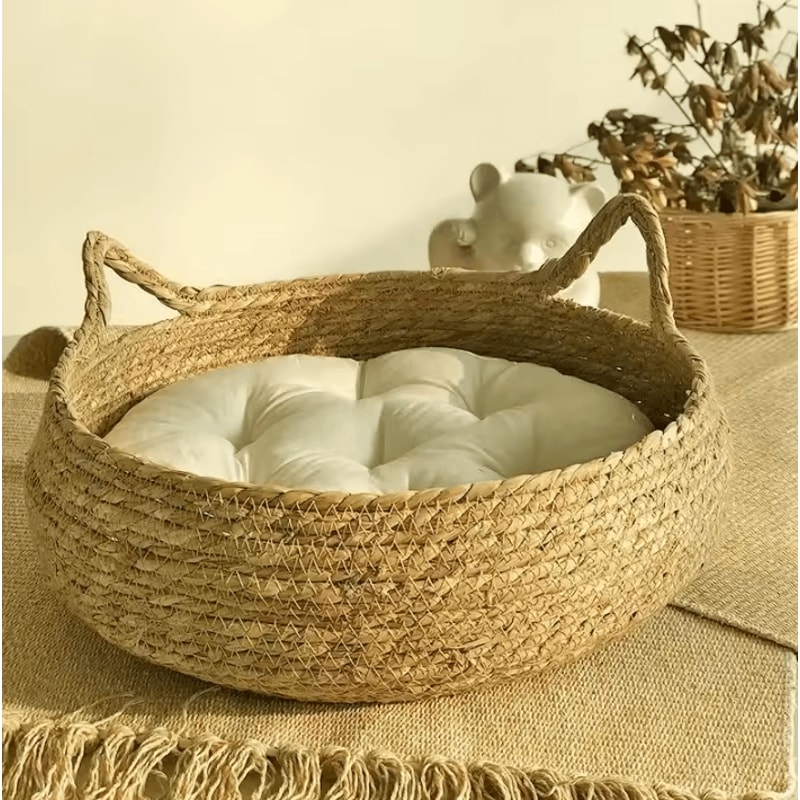 Handwoven Rattan Cat Nest Bed With Removable Cushion 4