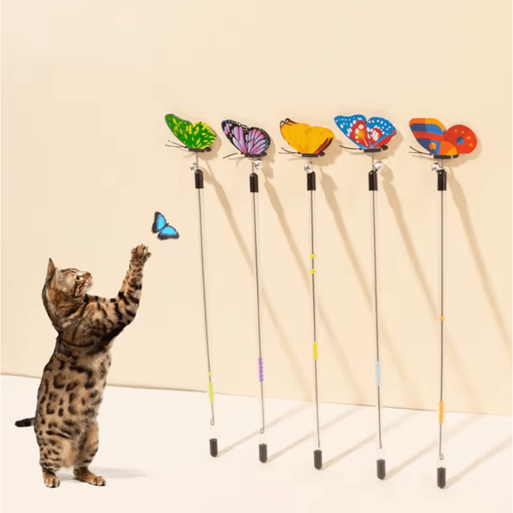 Retractable Butterfly Cat Teaser Wand Interactive Spring Toy For Active Indoor Cats 0
