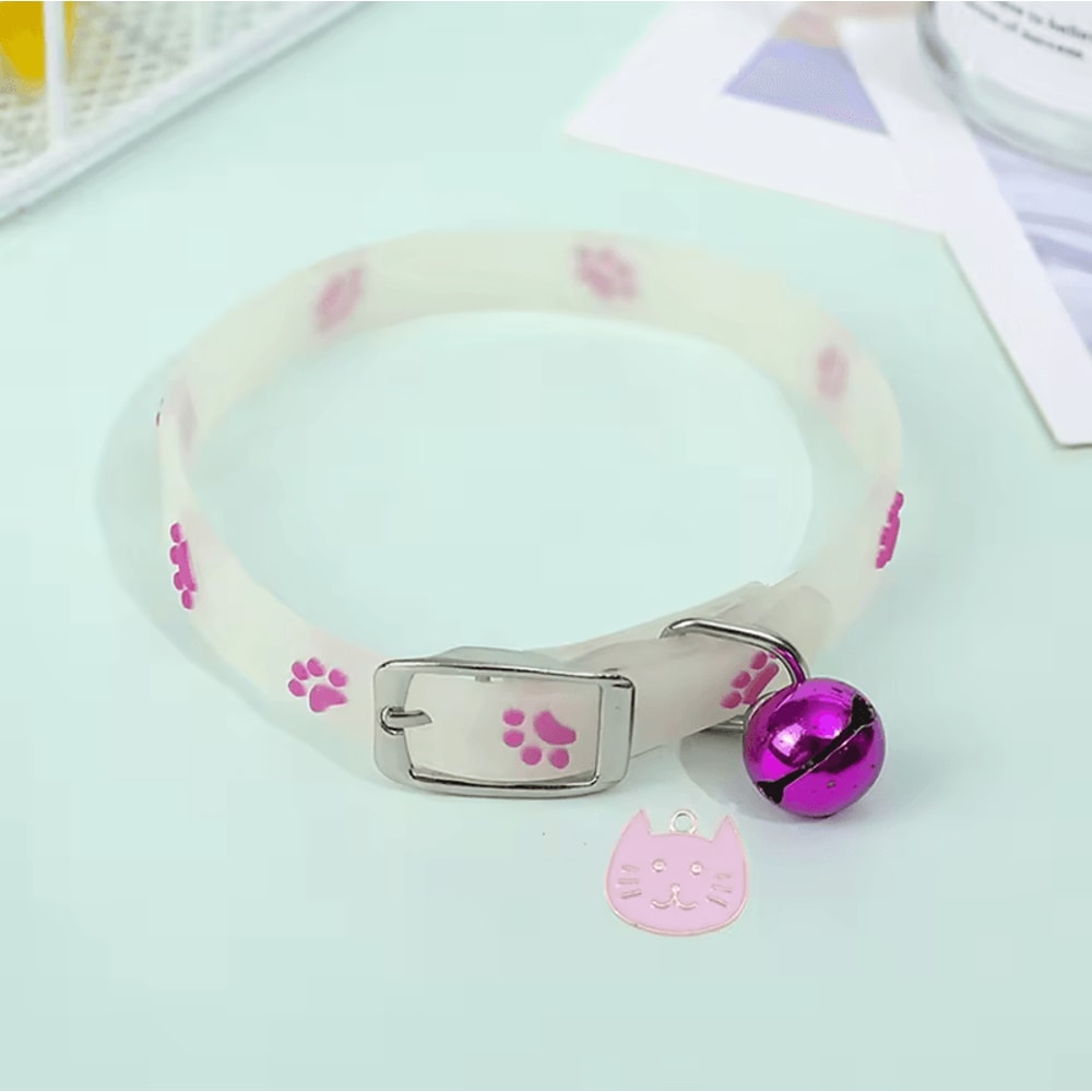 GlowintheDark Paw Print Cat Collar With Bell Safety Buckle 7
