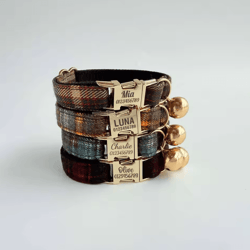 personalized tweed check cat collar with pearl charm & detachable bell