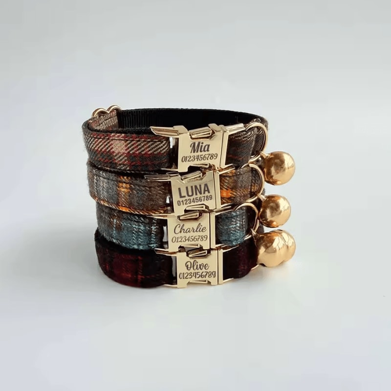 Personalized Tweed Check Cat Collar With Pearl Charm Detachable Bell 0