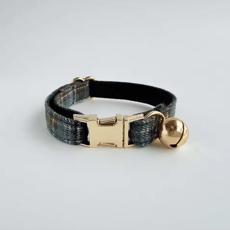 Personalized Tweed Check Cat Collar With Pearl Charm Detachable Bell 2