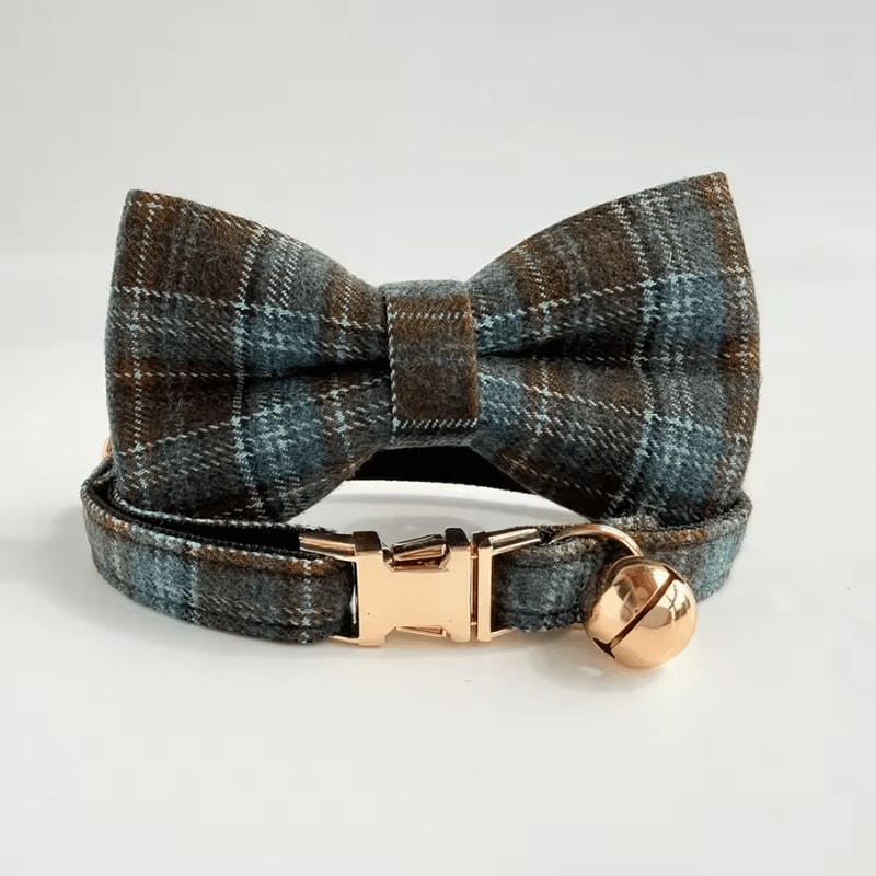Personalized Tweed Check Cat Collar With Pearl Charm Detachable Bell 8