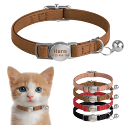 personalized leather breakaway cat collar with custom engraving & bell