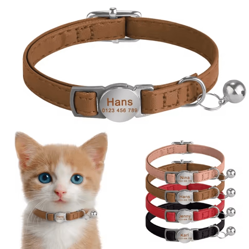 Personalized Leather Breakaway Cat Collar With Custom Engraving Bell 0