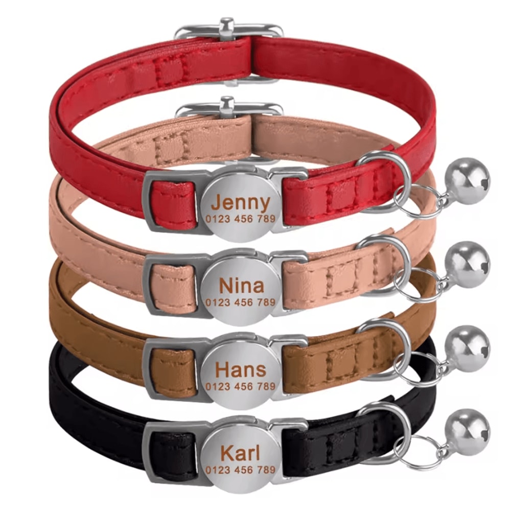 Personalized Leather Breakaway Cat Collar With Custom Engraving Bell 1