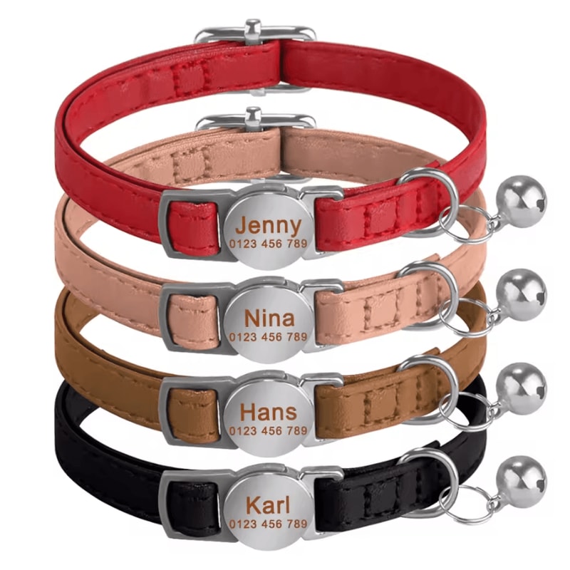 Personalized Leather Breakaway Cat Collar With Custom Engraving Bell 1