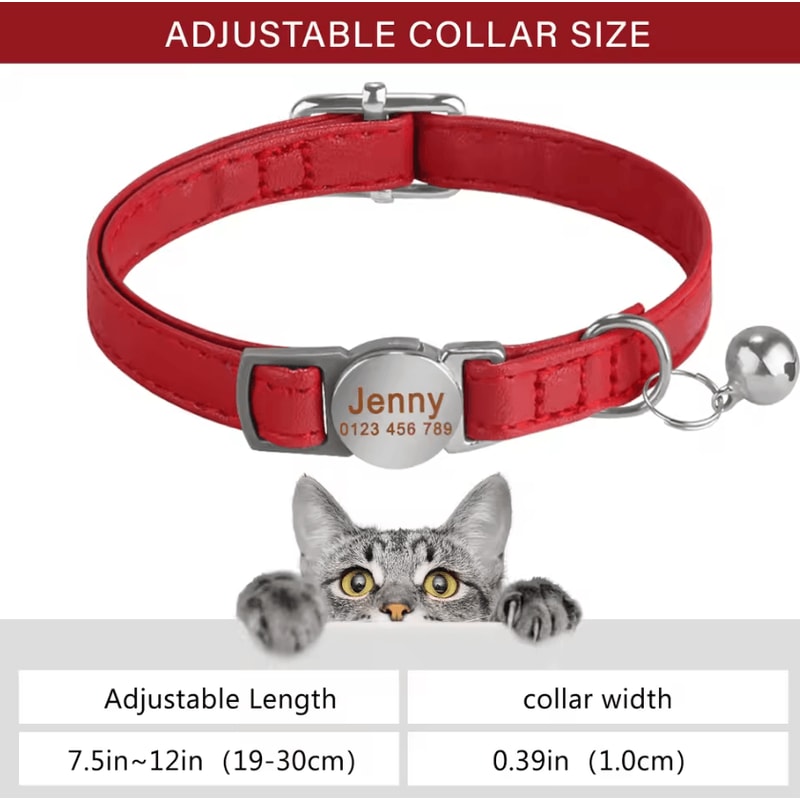 Personalized Leather Breakaway Cat Collar With Custom Engraving Bell 3