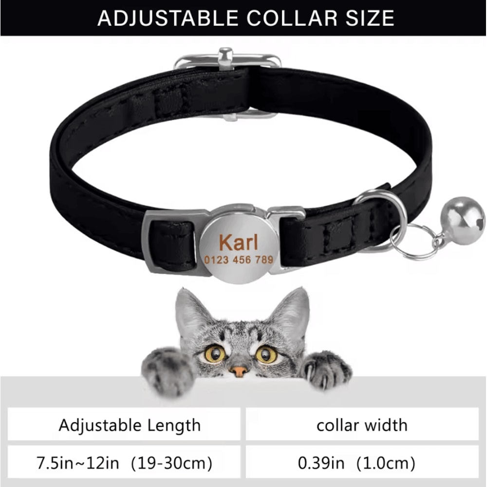 Personalized Leather Breakaway Cat Collar With Custom Engraving Bell 4