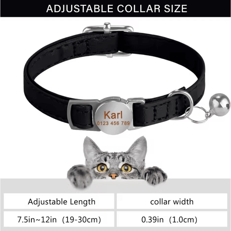 Personalized Leather Breakaway Cat Collar With Custom Engraving Bell 4