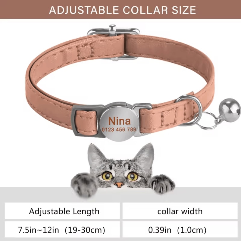 Personalized Leather Breakaway Cat Collar With Custom Engraving Bell 5