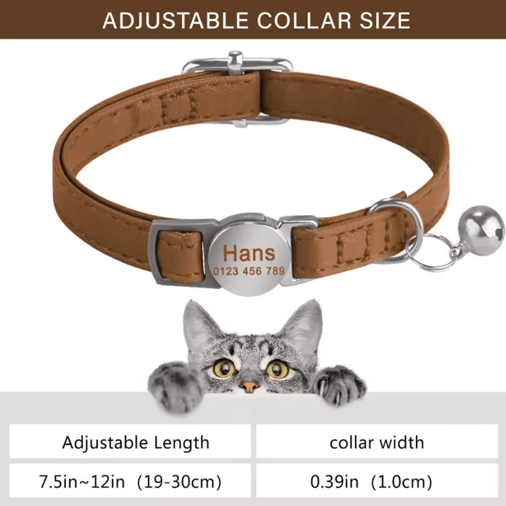 Personalized Leather Breakaway Cat Collar With Custom Engraving Bell 6