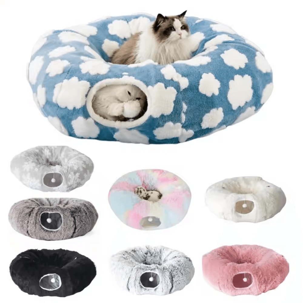 Plush Donut Cat Tunnel Bed Cozy Peekaboo Play Tunnel Sleeping Nest 1