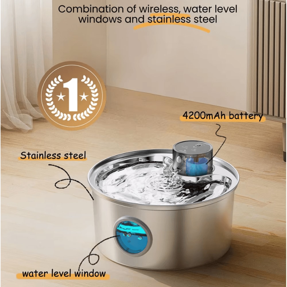 Cordless Motion Sensor Stainless Steel Cat Water Fountain 1