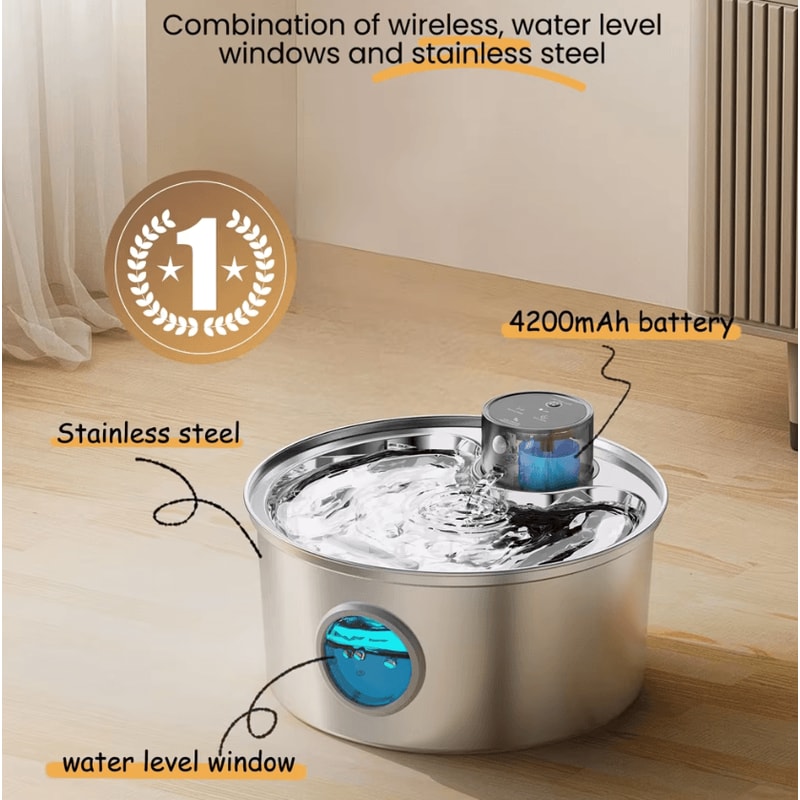 Cordless Motion Sensor Stainless Steel Cat Water Fountain 1