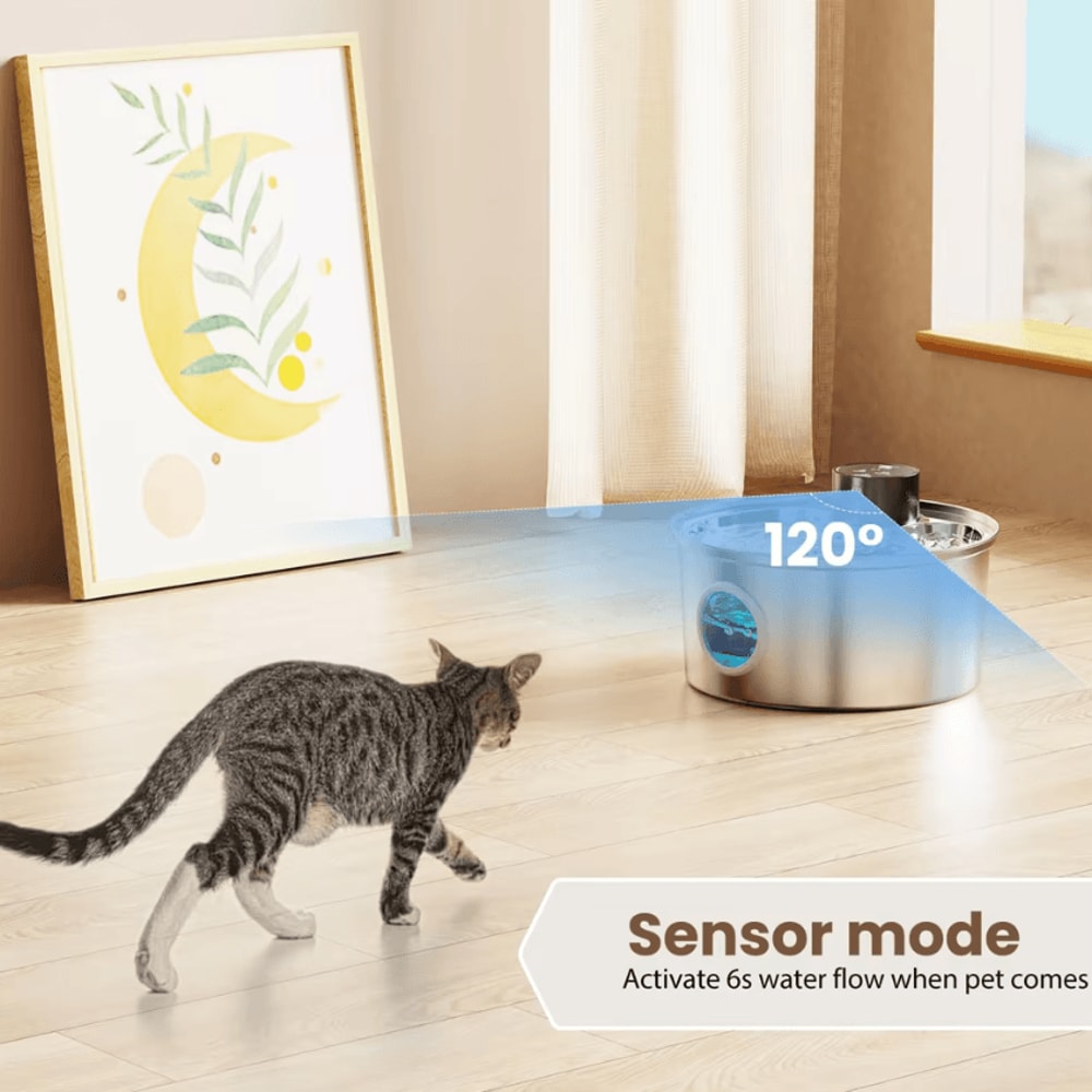 Cordless Motion Sensor Stainless Steel Cat Water Fountain 2