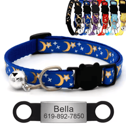 personalized reflective star & moon cat collar with engraved id tag