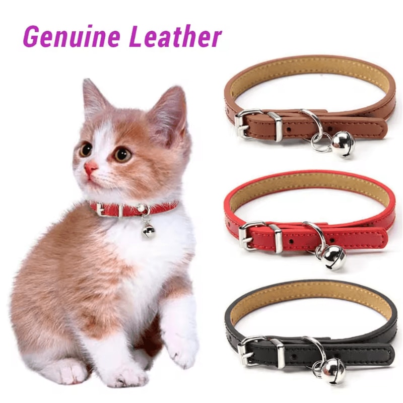 Premium Genuine Leather Cat Collar With Bell 0