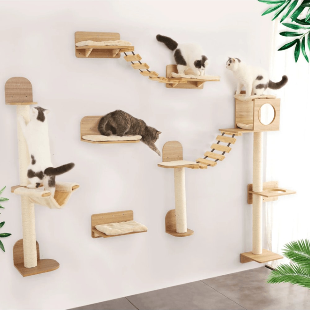 Wall Mounted Cat Climbing Rope With Wooden Steps And Sisal Scratcher For Indoor Cats 0
