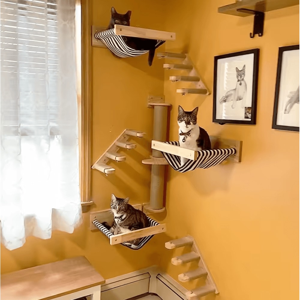 Wall Mounted Cat Climbing Shelves Wooden Cat Tree With Scratcher Rope Ladder And Sleeping Platform 0