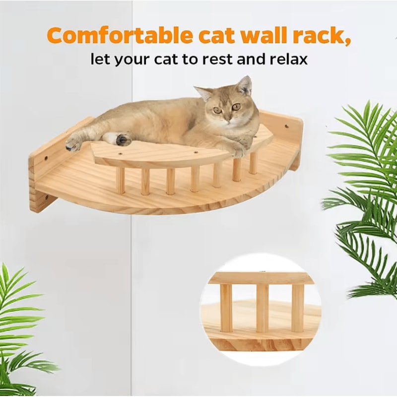 Wall Mounted Cat Climbing Shelves Wooden Cat Tree With Scratcher Rope Ladder And Sleeping Platform 3