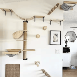 wall mounted cat climbing frame with ladder hammock and sisal scratching post for indoor cats
