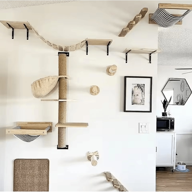 Wall Mounted Cat Climbing Frame With Ladder Hammock And Sisal Scratching Post For Indoor Cats 0