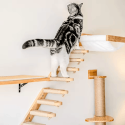 wall mounted cat hammock bed with wooden shelf and scratching post for indoor cats