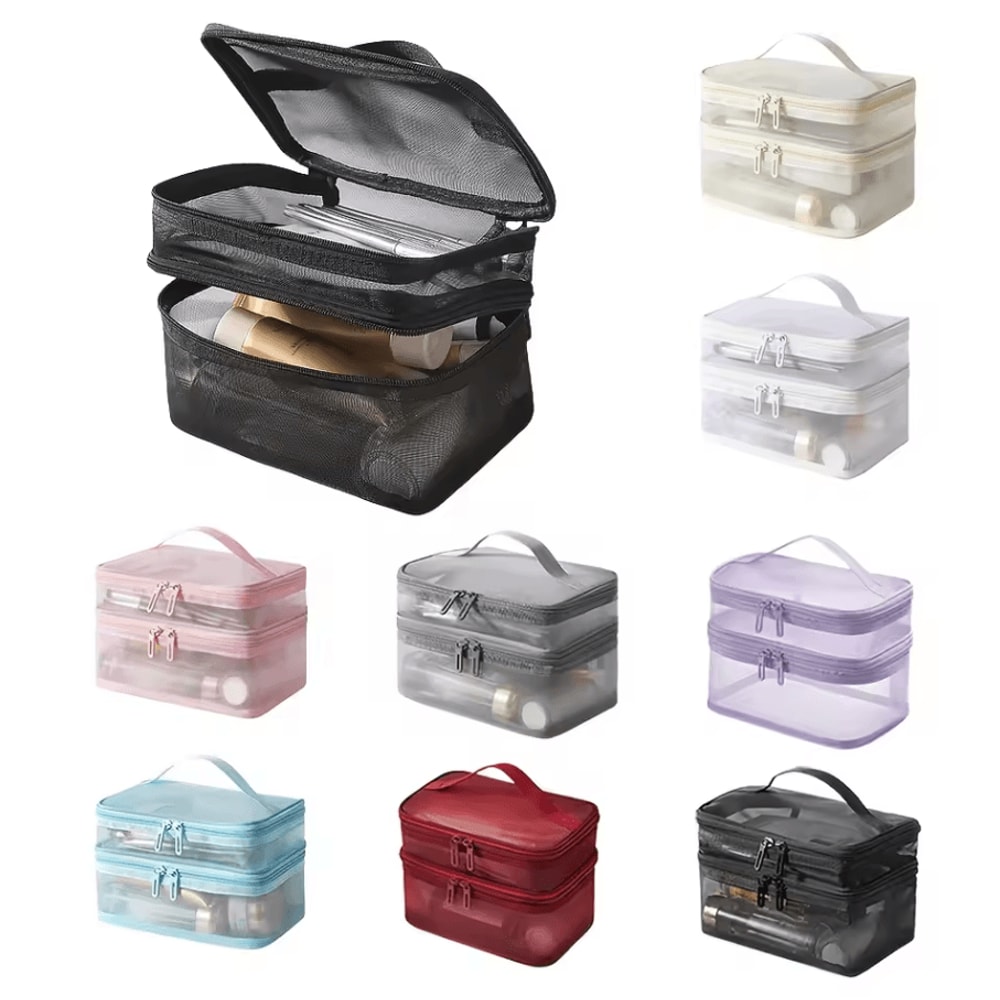 Double Layer Makeup Bag Large Capacity Cosmetic Organizer With Mesh Pockets 1