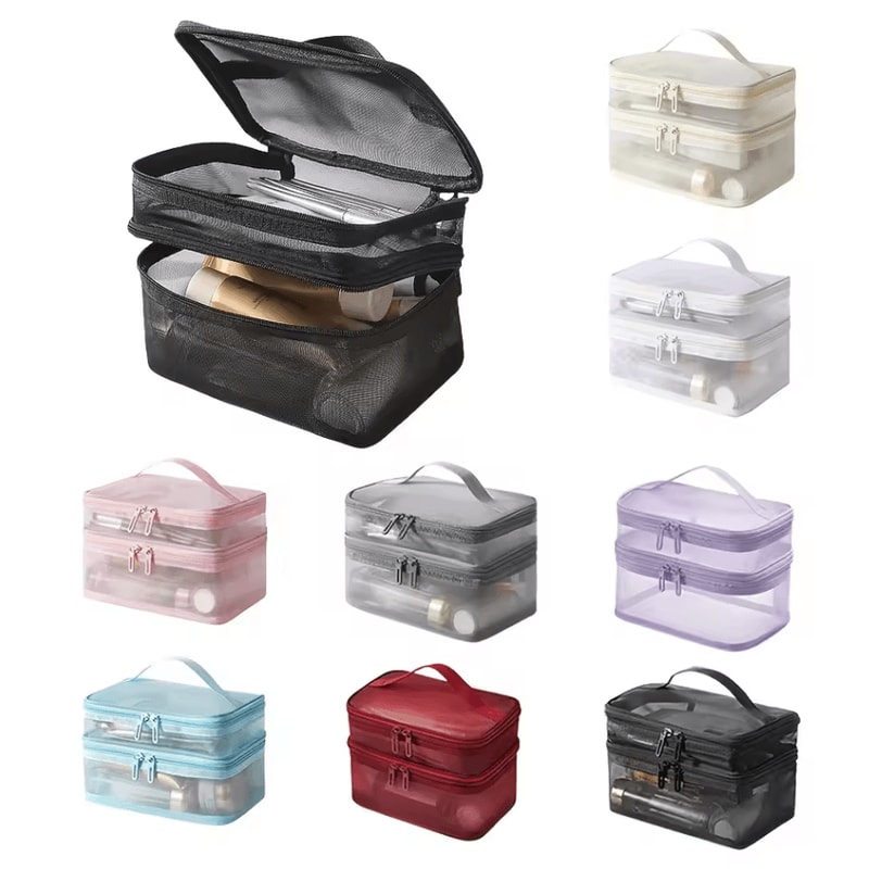 Double Layer Makeup Bag Large Capacity Cosmetic Organizer With Mesh Pockets 1