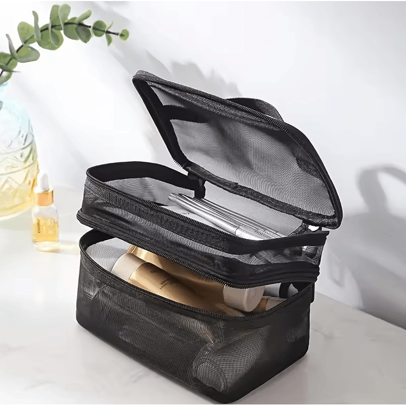 Double Layer Makeup Bag Large Capacity Cosmetic Organizer With Mesh Pockets 3