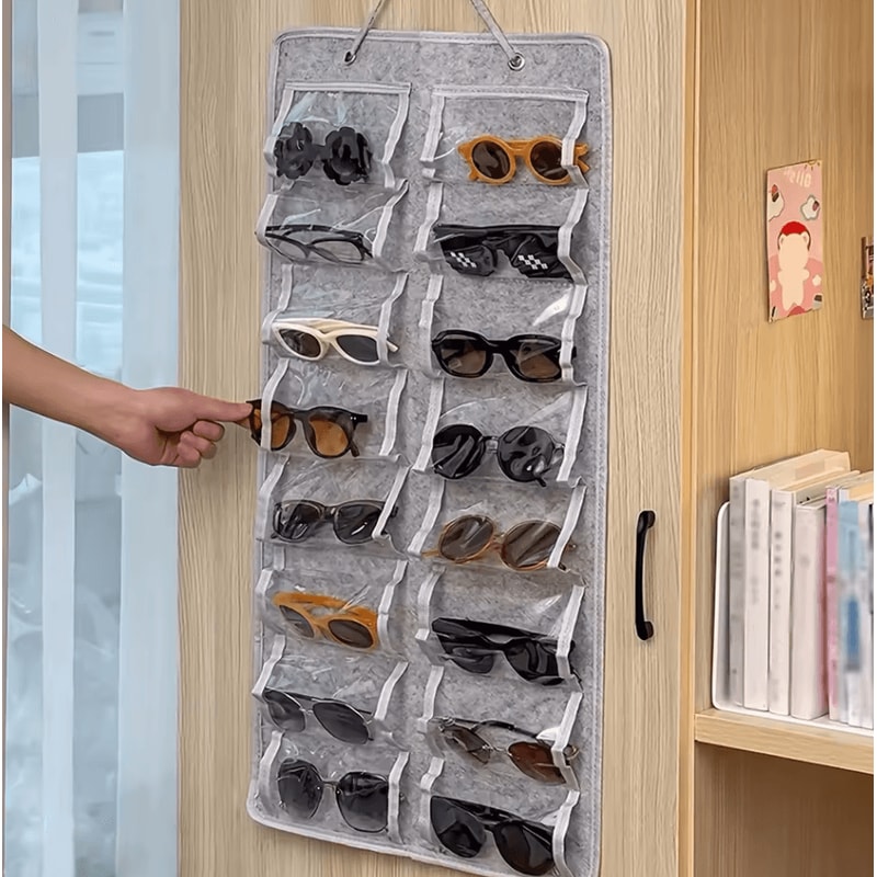 Wall Mounted Glasses Organizer With 16 Felt Slots DustProof Eyewear Storage Rack 0