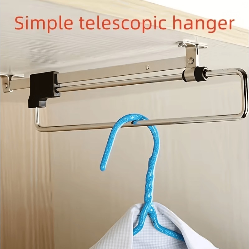 Adjustable PullOut Clothes Storage Rod Foldable Metal Wardrobe Hanging Rail 3